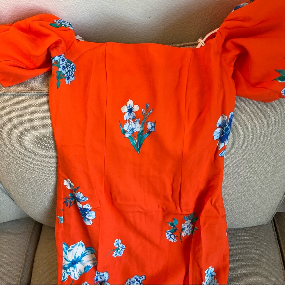 NEW Cara Cara Puff Sleeve Karene Midi Dress - Orange Red Floral - Picture 7 of 11